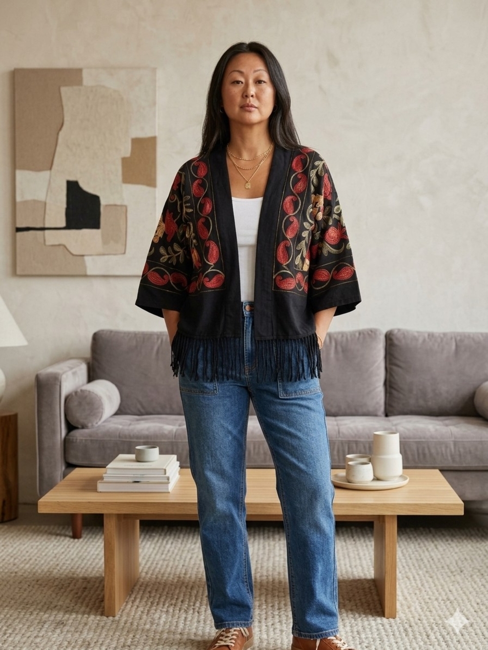 Cashmere Blend Soft Embroidered Black Fringe Kimono Sweater With A Fringe